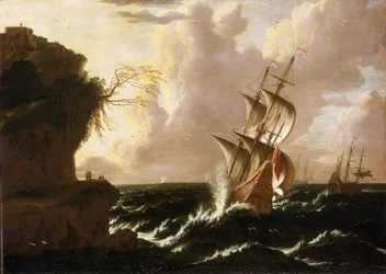 A Dutch ship in the storm, in front of a cliff, topped by fortified buildings