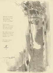 Illustration with Standing Naked Woman between Trees by a Lake for the Poem Petit Air by Stéphane Mallarmé