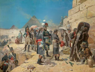 Napoleon Bonaparte in front of the pyramids contemplating the mummy of a king in the countryside of Egypt