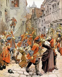 Les Dragonnades: dispersal of a Protestant family by the troops of dragons charged with converting Protestants