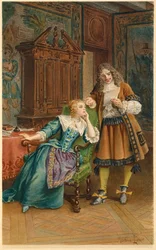 Moliere reads a new play to Armande Bejart (illustration)