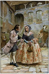 The first encounter - in "The Story of Manon Lescaut and the Chevalier Des Grieux" by Abbé Prévost (1697-1763), French writer. Engraving after drawings by Maurice Leloir (1885).