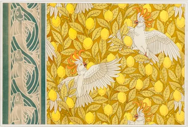 Design for Wallpaper Cockatoos with Lemons and Wallpaper Border with Flying Fish