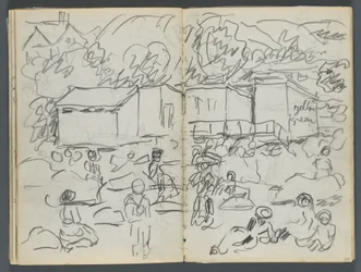 Sketchbook, The Dells, No. 127, page 114 & 115: Landscape with Figures and Buildings