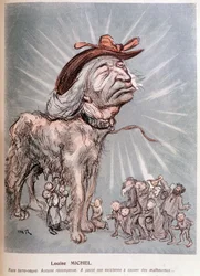Cartoon of Louise Michel as a dog breed Newfoundland, no recompense, spent its existence saving the unfortunate
