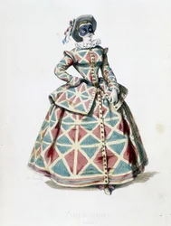 Harlequin costume and mask in 1855, female character of Harlequin in the commedia dell