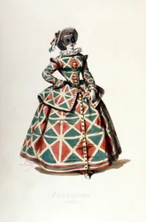 Harlequin costume and mask in 1855, female character of Harlequin in the commedia dell