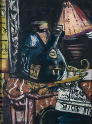 Still life with lopsided schnapps bottle and Buddha