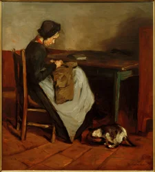 Sewing Girl with Cat - Dutch Interior