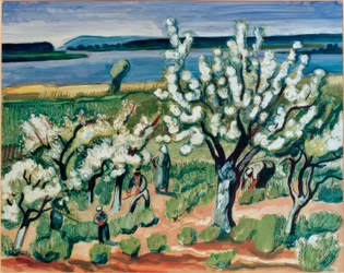 Blossoming Trees by the Lake