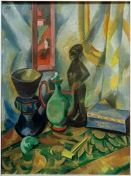 Still life with vase, Moorish jug and wooden figure