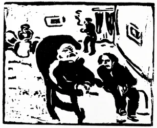 Woodcut depicting people sitting in a lounge area