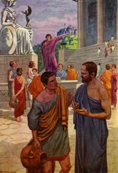 An illiterate voter asking Aristides to write his name on a shard of pottery used as a ballot