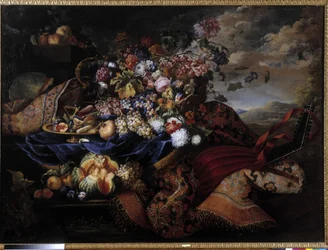 Fruit Basket, Flowers and Lute on Carpet