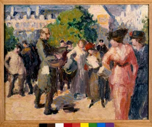 Street Scene. A beggar with a hurdy-gurdy plays in a garden in Paris. Painting by Maximilien Luce