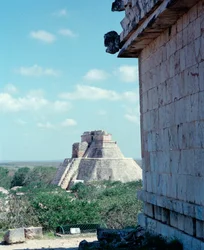 View of the upper temple on the site of Uxmal ancient Maya capital, Puuc style. North Yucatan 600-900 AD. Mexico