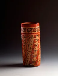 Polychrome Cylindrical Clay Vase. From Tikal