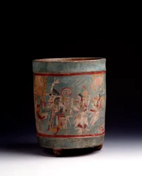 Pre-Columbian art, Maya civilization, Classic period: cylindrical vase in polychrome clay decorated with a ceremonial scene featuring figures in procession. From La Lagunita, Quiché, Guatemala. Dimensions: h. 24.1 x diam. 18.5 cm. Guatemala, National