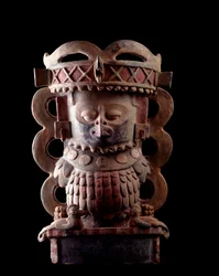 Pre-Columbian Art, Mayan Civilization, Classical Period: Incense Vase in Anthropomorphic Clay Decorated with the Representation of a Character Wearing a Mask of the Quetzal Bird. From Purulha, Guatemala. Guatemala, Museo Nazionale di Archeologia