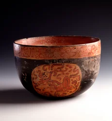 Pre-Columbian Art, Mayan Civilization, Late Classical Period: Cutting Polychrome Clay Decorated with Glyphs. From Uaxactun, Quiche, Guatemala. Guatemala, Museo Nazionale di Archeologia e Etnologia