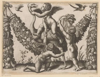 Drie putti en een struisvogel (Tapisserieën van de paus)