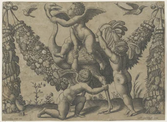 Three Putti with an Ostrich (series title: Tapestries of the Pope by Raphael)
