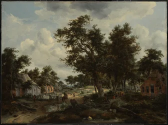 A Wooded Landscape with Travelers on a Path through a Hamlet