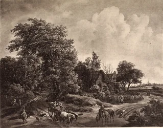 Farm at the Edge of a Wood, with a Wagon and Horses