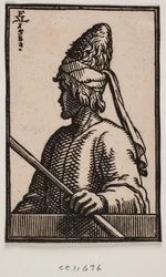 Bust of a Young Man with Pointed Hat Made of Leather, Holding a Staff in His Left Hand, Extended Over the Parapet; Shown in 3/4 Profile from the Man