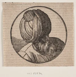 Circular medallion with the bust of a bearded turban-clad man, seen diagonally from above, 3/4 profile towards the right
