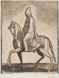 Cloak- and hat-wearing rider, profile towards the left; under his mantle, a sword can be glimpsed