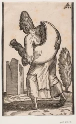 Man Walking to the Left, Seen from Behind; Carrying a Leather Water Bag on His Back