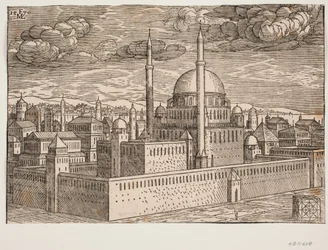 Mosque, with Two Minarets, as Seen from the Northwest; on the Other Side of the Water, Galata Can Be Seen