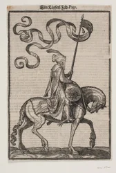 Mounted standard-bearer, profile towards the right; the standard is two-tailed; the rider is unarmed; on the horse
