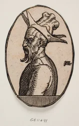 Oval Medallion with Bust of a Man with a Hanging Moustache and a Hat with Four Flaps; the Left Side of the Man