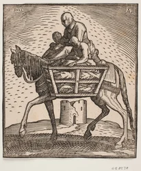 Rider with Hood Pulled Down Over Face; On Each Side of the Horse a Grate Box Containing a Person; Profile to the Left; Under the Horse a Ruined Cylindrical Tower