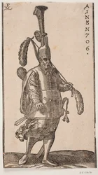Standing Soldier, Turned to the Right; Headdress with Very High Upright Plume; in the Left Hand, a Bow with Large Feathers on Both Ends; in the Right Hand, an Arrow; on His Back, a Quiver and at His Side, a Sword