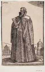 Standing ambassador in European (Venetian?) costume, 3/4 profile to the left; holding a letter case in his right hand