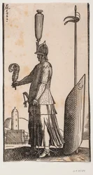 Standing Helmeted Soldier, Profile to the Left, Holding a Feather in His Outstretched Hand; Behind Him a Shield Decorated with a Crescent Moon is Supported by a Lance Stuck in the Ground