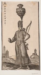 Standing Soldier, Front View, Head Turned to the Right; He Carries a Bow Over His Left Arm, a Quiver on His Back, and a Sword at His Left Side; He Coyly Stretches His Right Arm Backwards; in the Background to the Right and Left Two Fortress-Like Buildings