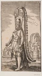 Standing Soldier by a Rocky Coast, Beyond the Water a City; His Headgear Adorned with an Extremely Long Feather Decoration