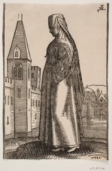 Veiled Woman Walking, Profile to the Left; In Front of Her a City Wall with Towers Rises from the Water