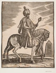 Turban-clad Rider with a Sword at His Right Side and a War-club in His Left Hand, Profile Towards the Right; in the Background, an Obelisk