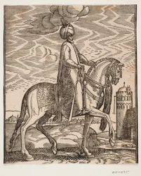 Turban-clad rider, with club hanging at the horse