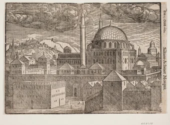 Unidentified Mosque with Two Minarets, Seen from Southeast; Mountain with Fortified City on the Left