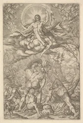 Resurrection of Christ, Encompassed by an Aureole and Clouds with Lines of Winged Putti, 1577