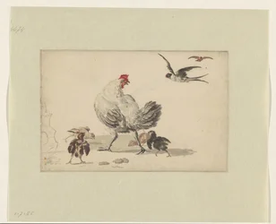 Two Swallows and a Hen with Four Chicks