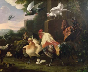 A Cockerel and Other Fowl in a Landscape