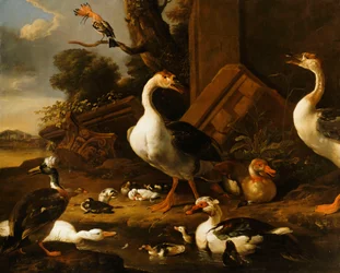 Chinese and Egyptian Geese and other birds in a Landscape with Ruins nearby