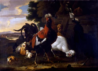 Cockerel, Hens and Chicks by a Fence in a Wooded Landscape